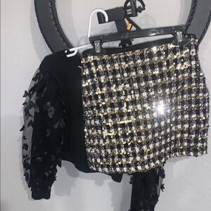 Sequin Plaid Skirt and Black Top Set